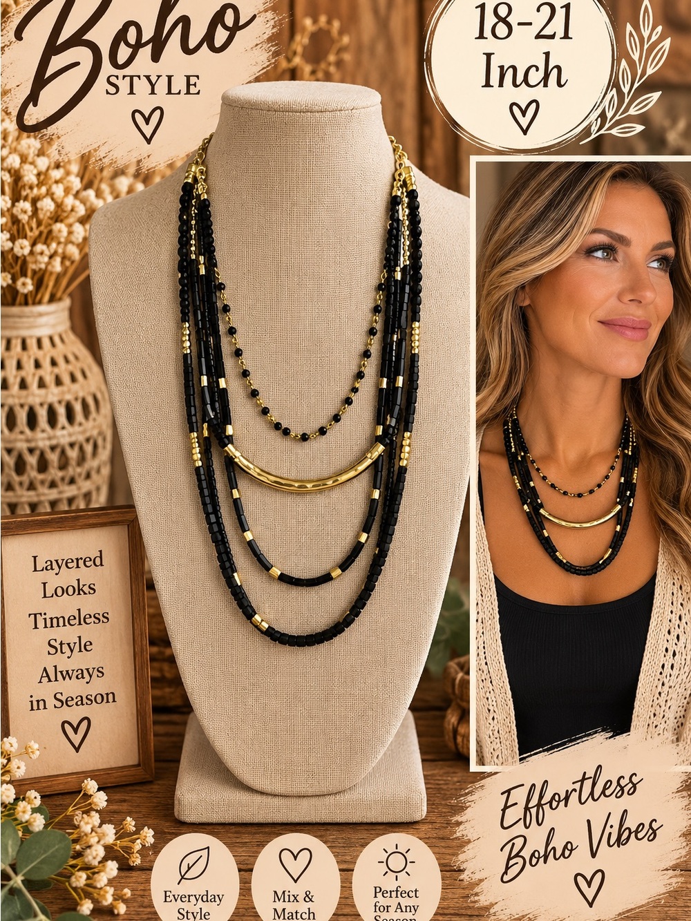 730 Boho Layered Black & Gold Beaded Necklace - 18-21 Inch